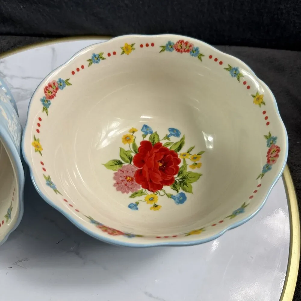 The Pioneer Woman Sweet Rose 6.25 Inch Ceramic Bowls Set of 2 Scalloped Blue New